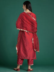 Indo Era Red Embroidered Straight Kurta Trousers With Dupatta set