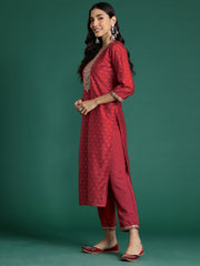 Indo Era Red Embroidered Straight Kurta Trousers With Dupatta set