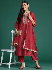 Indo Era Red Embroidered Straight Kurta Trousers With Dupatta set