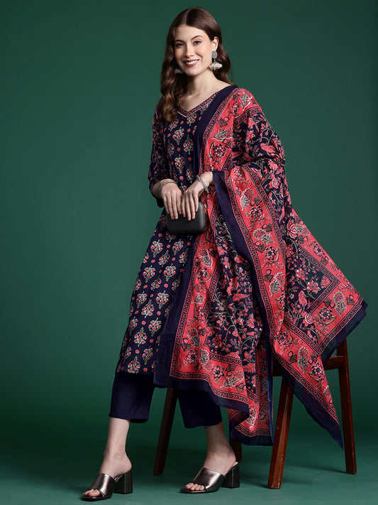 Indo Era Navy Blue Printed A-Line Kurta Trousers With Dupatta set