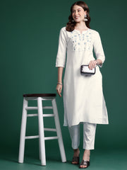 Indo Era White Embroidered Straight Kurta Trousers set