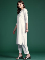 Indo Era White Embroidered Straight Kurta Trousers set