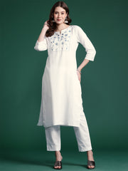 Indo Era White Embroidered Straight Kurta Trousers set