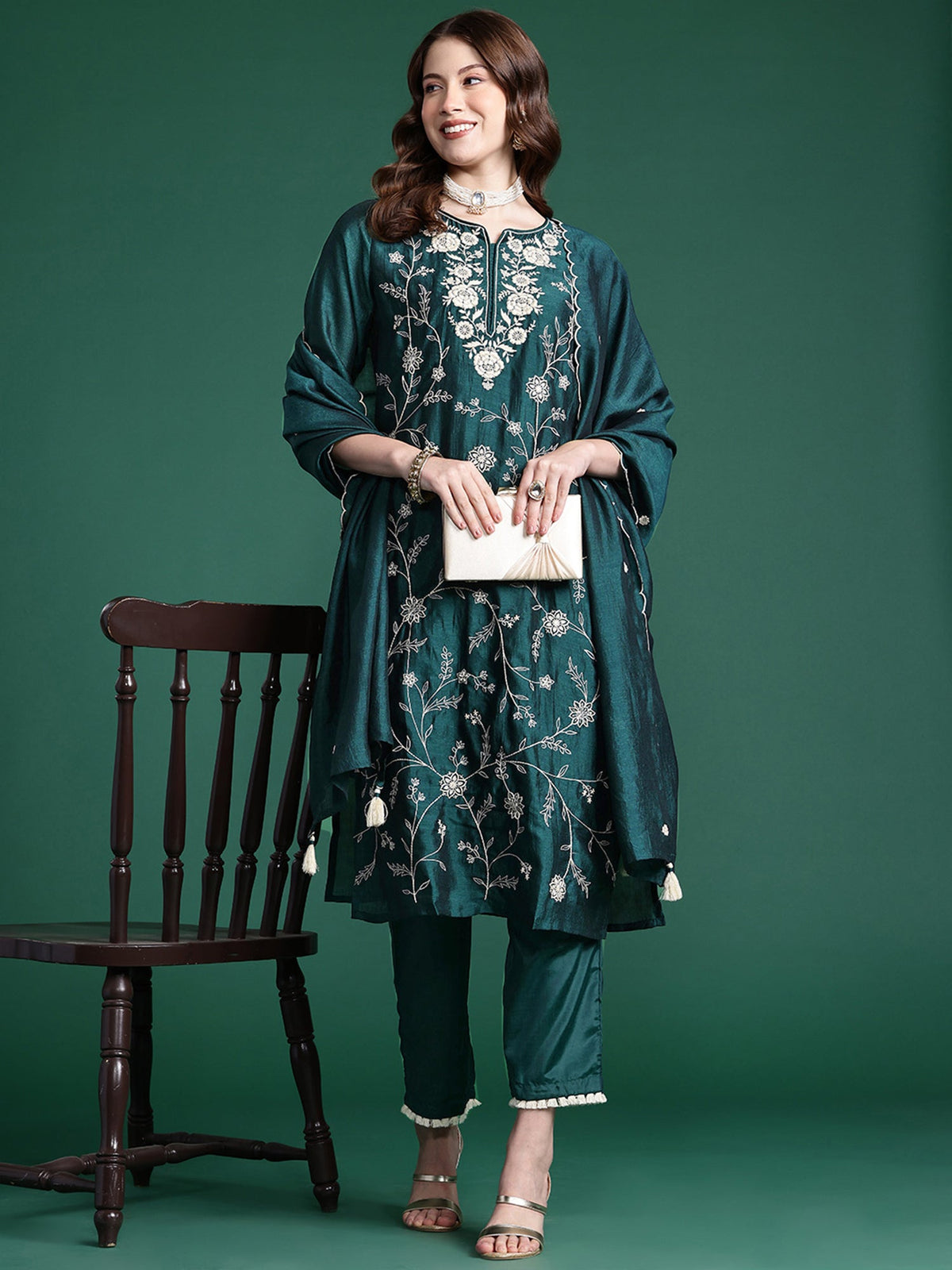 Indo Era Teal Straight Embroidered Kurta Trousers With Dupatta Set