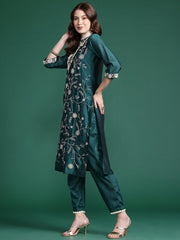 Indo Era Teal Straight Embroidered Kurta Trousers With Dupatta Set