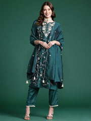 Indo Era Teal Straight Embroidered Kurta Trousers With Dupatta Set