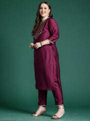 Indo Era Purple Embroidered Straight Kurta Trousers With Dupatta set