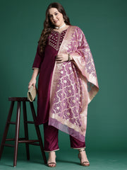 Indo Era Purple Embroidered Straight Kurta Trousers With Dupatta set