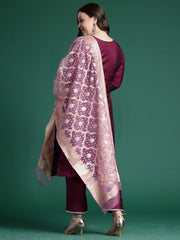 Indo Era Purple Embroidered Straight Kurta Trousers With Dupatta set