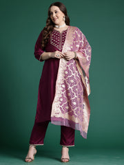 Indo Era Purple Embroidered Straight Kurta Trousers With Dupatta set