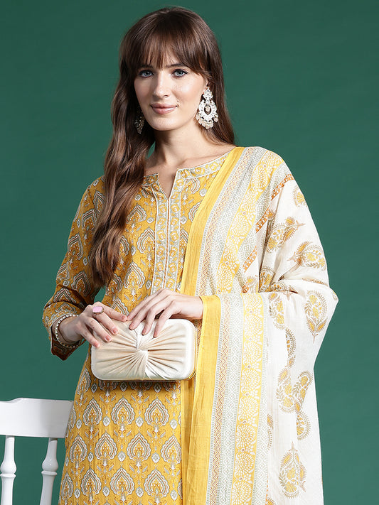 Indo Era Yellow Printed Straight Kurta Salwar With Dupatta set