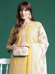 Indo Era Yellow Printed Straight Kurta Salwar With Dupatta set