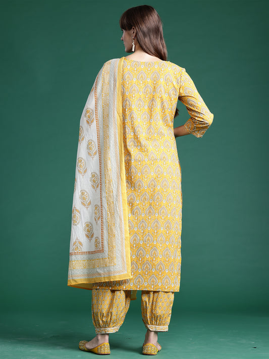 Indo Era Yellow Printed Straight Kurta Salwar With Dupatta set