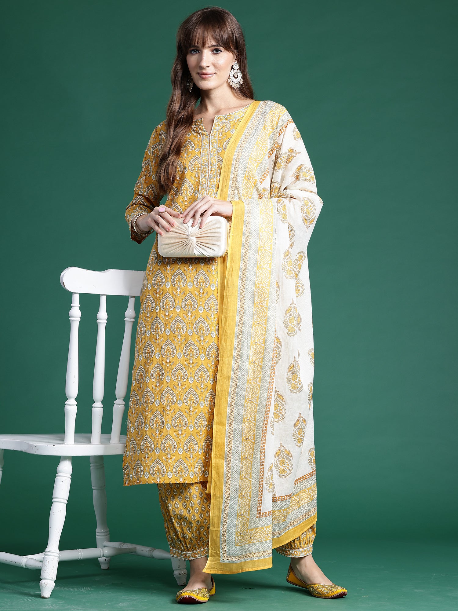 Yellow Printed Straight Kurta