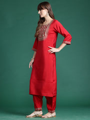 Indo Era Red Embroidered Straight Kurta Trousers With Dupatta  Set