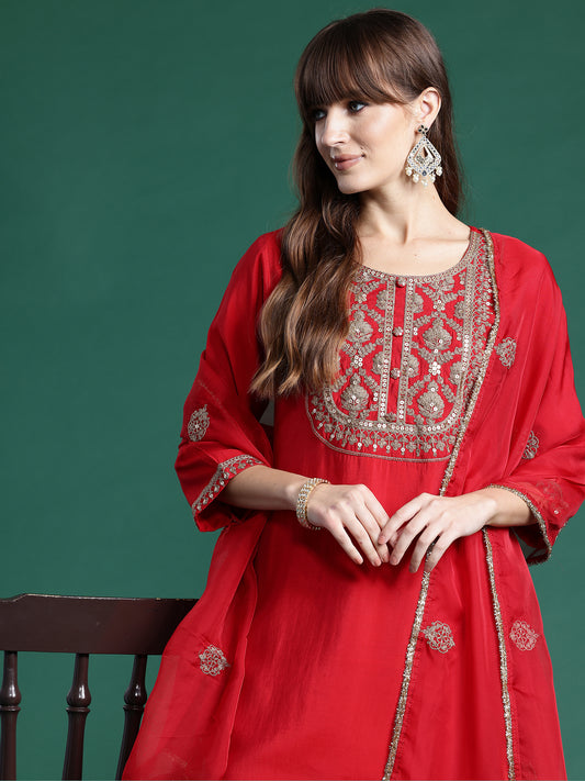 Indo Era Red Embroidered Straight Kurta Trousers With Dupatta  Set