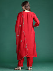 Indo Era Red Embroidered Straight Kurta Trousers With Dupatta  Set