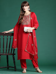 Indo Era Red Embroidered Straight Kurta Trousers With Dupatta  Set