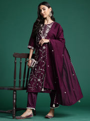 Indo Era Burgandy Straight Embroidered Kurta Trousers With Dupatta Set