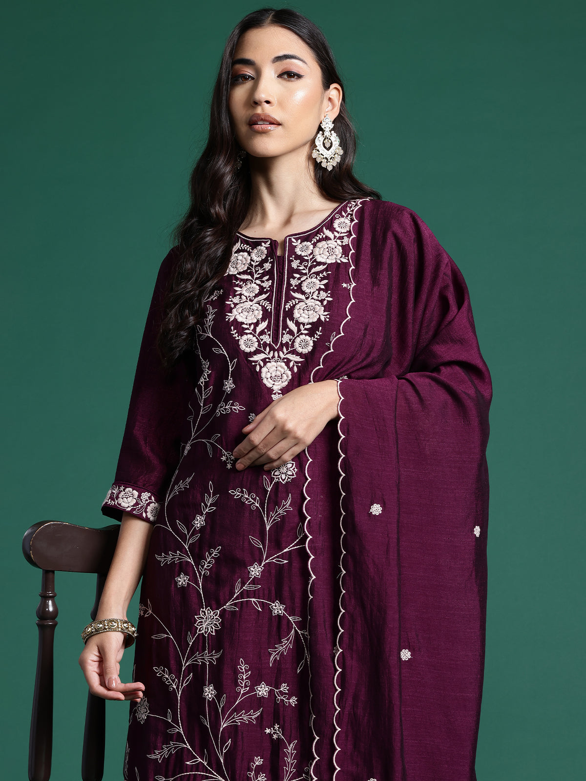 Indo Era Burgandy Straight Embroidered Kurta Trousers With Dupatta Set