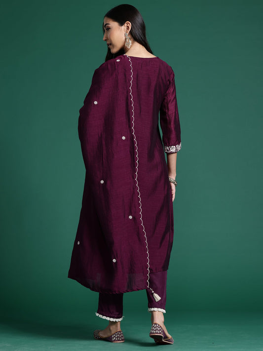 Indo Era Burgandy Straight Embroidered Kurta Trousers With Dupatta Set