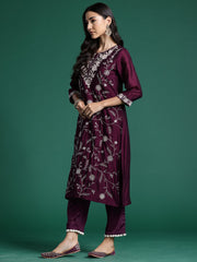 Indo Era Burgandy Straight Embroidered Kurta Trousers With Dupatta Set