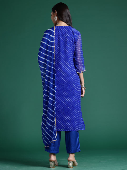 Indo Era Blue Printed Straight Kurta Trousers With Dupatta set