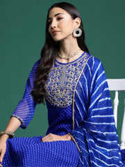 Indo Era Blue Printed Straight Kurta Trousers With Dupatta set