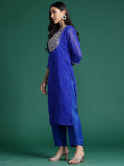 Indo Era Blue Printed Straight Kurta Trousers With Dupatta set