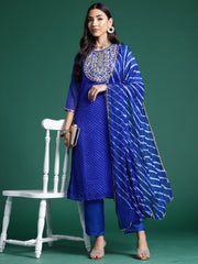 Indo Era Blue Printed Straight Kurta Trousers With Dupatta set