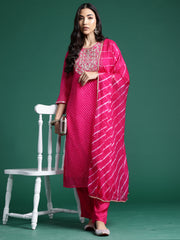 Indo Era Pink Printed Straight Kurta Trousers With Dupatta set