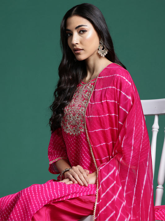 Indo Era Pink Printed Straight Kurta Trousers With Dupatta set