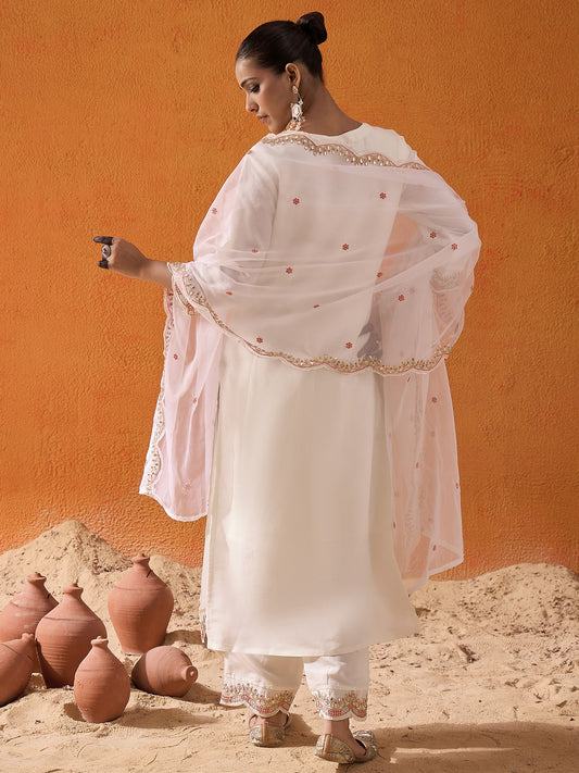 Indo Era White Embroidered Straight Kurta Trousers With Dupatta set