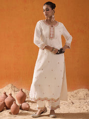 Indo Era White Embroidered Straight Kurta Trousers With Dupatta set