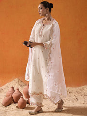 Indo Era White Embroidered Straight Kurta Trousers With Dupatta set