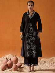 Indo Era Black Embroidered A-Line Kurta Trousers With Dupatta set