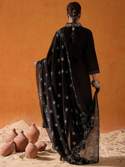 Indo Era Black Embroidered A-Line Kurta Trousers With Dupatta set