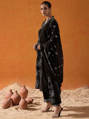 Indo Era Black Embroidered A-Line Kurta Trousers With Dupatta set