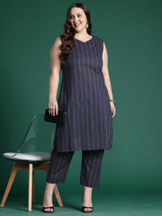 Indo Era Navy Blue Printed Straight Kurta Trousers set