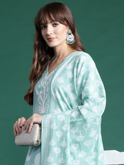 Indo Era Green Printed Straight Kurta Trousers With Dupatta set