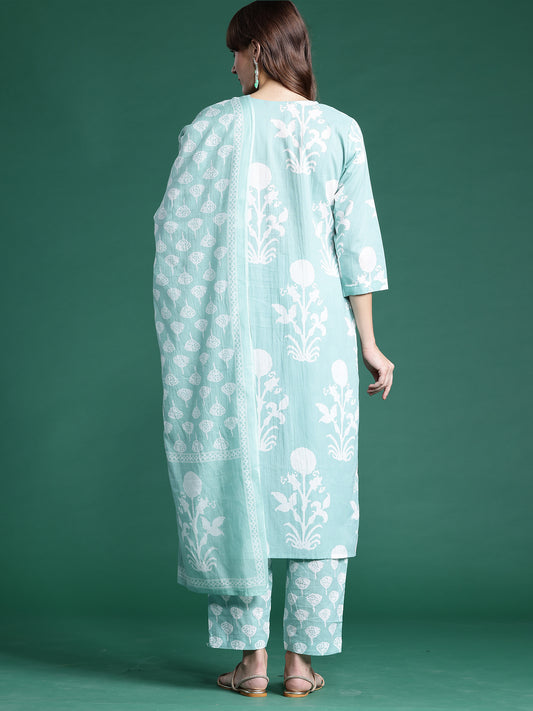 Indo Era Green Printed Straight Kurta Trousers With Dupatta set