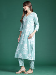 Indo Era Green Printed Straight Kurta Trousers With Dupatta set