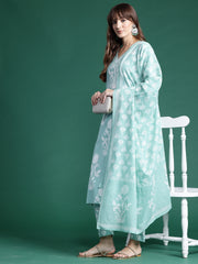 Indo Era Green Printed Straight Kurta Trousers With Dupatta set