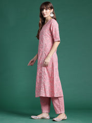 Indo Era Pink Printed A-Line Kurta Trousers With Dupatta set