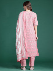 Indo Era Pink Printed A-Line Kurta Trousers With Dupatta set