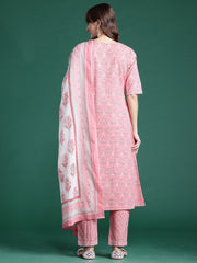 Indo Era Pink Printed A-Line Kurta Trousers With Dupatta set