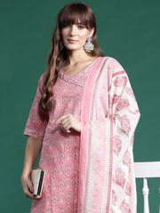 Indo Era Pink Printed A-Line Kurta Trousers With Dupatta set