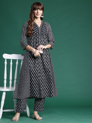 Indo Era Black Printed A-Line Kurta Trousers set