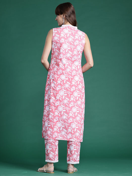 Indo Era Pink Printed Straight Kurta Trousers set