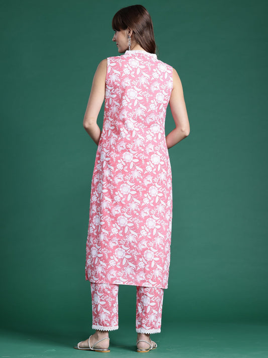 Indo Era Pink Printed Straight Kurta Trousers set